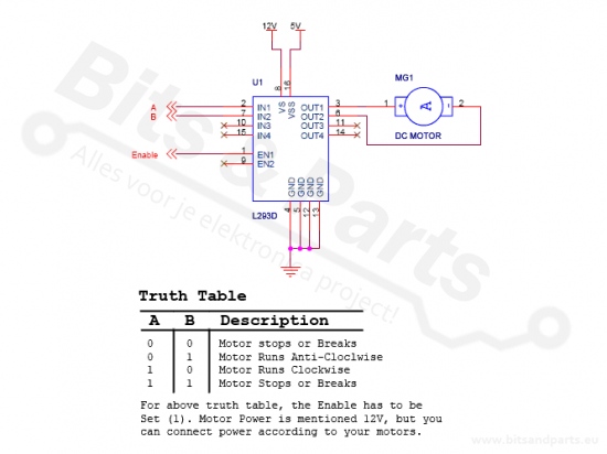 IC L293D 4-kanaals driver voor motoren (H-brug)